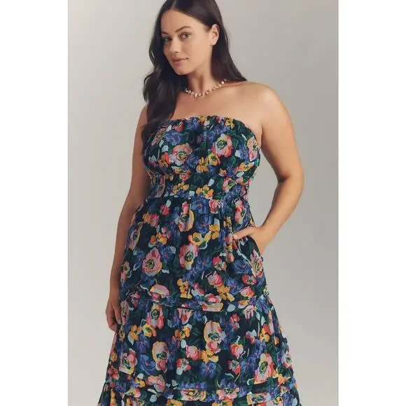 New Anthropologie The Somerset Strapless Maxi Dress $178 X-Large Blue Floral - Picture 7 of 8